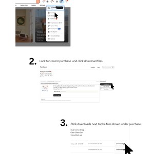 May include: Screenshots showing how to download files after an online purchase. The images guide the user through the steps, from the profile to the download button, to access purchased items.