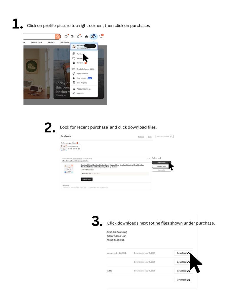 May include: Screenshots showing how to download files after an online purchase. The images guide the user through the steps, from the profile to the download button, to access purchased items.