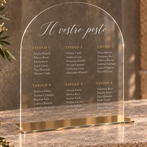 Può includere: Un cartello segnaposto in acrilico trasparente a forma di arco con testo dorato che recita Il vostro posto, Tavolo 1-6 e liste di nomi. Il cartello è montato su una base rettangolare dorata, mostrando una disposizione strutturata per gli ospiti.