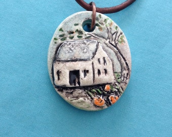 Little Cottage In The Woods Ceramic Pendant Necklace