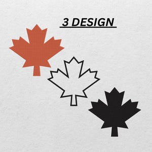 May include: Three maple leaf designs in orange, outlined, and black. The text "3 DESIGN" is above the leaves. The leaves are on a white background. The orange leaf is solid, the outlined leaf is black, and the third leaf is solid black.