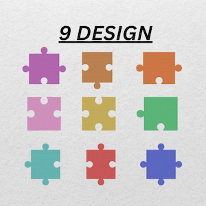 May include: Nine colorful puzzle pieces in shades of purple, orange, pink, yellow, green, teal, red, and blue are arranged on a white background. The text "9 DESIGN" is above the puzzle pieces.
