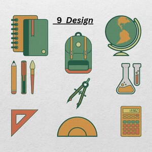 Op de afbeelding: Negen geïllustreerde schoolthema-ontwerpen op een witte achtergrond. De ontwerpen omvatten een notitieboek, een rugzak, een wereldbol, bekers, een gradenboog, een rekenmachine, een potlood, een penseel en een passer. De tekst "9 Design" staat bovenaan.