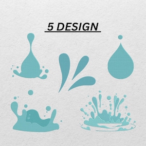 Könnte beinhalten: Eine Sammlung von fünf türkisfarbenen Wasserspritzmustern auf einem strukturierten weißen Hintergrund. Die Designs umfassen einen Wassertropfen, einen Spritzer und andere wasserbezogene Formen. Der Text "5 DESIGN" steht über den Designs.