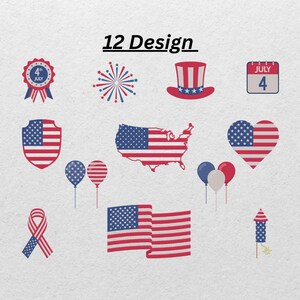 May include: A selection of 12 patriotic designs in red, white, and blue. Includes a badge, fireworks, a top hat, a calendar, a shield, a map of the USA, a heart, balloons, a ribbon, a waving flag, and a firework.