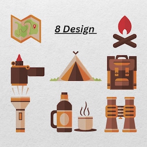 Camping Embroidery Design Set – 8 Outdoor Adventure Machine Embroidery Files | Tent, Map, Campfire, Backpack & More