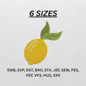 May include: A yellow lemon embroidery design with green leaves. The image includes the text "6 SIZES" above the lemon and file format abbreviations below, including EMB, EXP, DST, BRO, STX, JEF, SEW, PES, PEC VP3, HUS, and XXX.