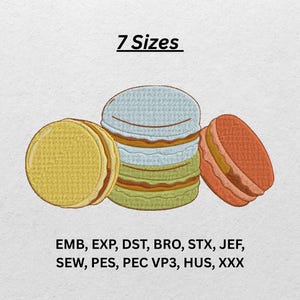 May include: An illustration of three colorful macarons. One is yellow, another is orange, and the third is a stack of blue and green macarons. The text "7 Sizes" is above the macarons. Below the macarons are embroidery file formats.