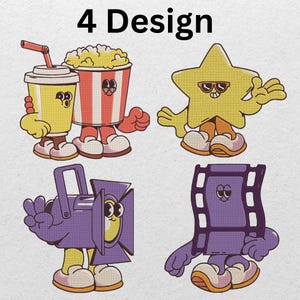 Movie Night Embroidery Designs | Popcorn, Soda, Star & Film Reel Characters | Fun Machine Embroidery Bundle | Digital Download