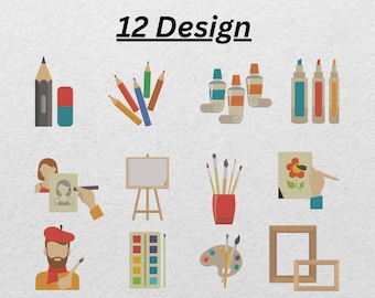 May include: A collection of twelve design icons related to art and drawing. The icons include pencils, paint tubes, markers, a person drawing, an easel, paintbrushes, a palette, and picture frames. The text "12 Design" is at the top.