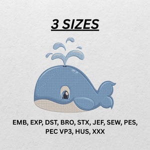 May include: A blue cartoon whale with a water spout, with the text "3 SIZES" above it. Below the whale are the file formats: EMB, EXP, DST, BRO, STX, JEF, SEW, PES, PEC VP3, HUS, XXX.