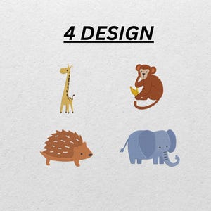 May include: An illustration featuring four animal designs: a giraffe, a monkey holding a banana, a hedgehog, and an elephant. The text "4 DESIGN" is above the illustrations in black.