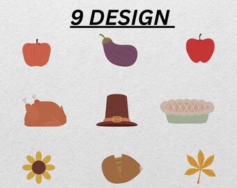 May include: An illustration with the text "9 DESIGN" above nine fall-themed icons. The icons include an orange apple, a purple eggplant, a red apple, a roasted turkey, a pilgrim hat, a pie, a sunflower, a nut, and a leaf.
