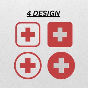 Puede incluir: Cuatro diseños de cruces médicas rojas y blancas en varias formas: un cuadrado redondeado, un cuadrado, un círculo y un círculo redondeado. El texto "4 DESIGN" está encima de los diseños en negro.