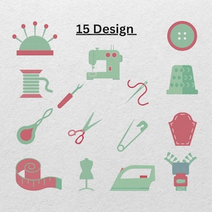 Puede incluir: Ilustración con iconos relacionados con la costura en rojo y verde, incluyendo una máquina de coser, tijeras, un dedal y una cinta métrica. El texto "15 Design" se muestra encima de los iconos.