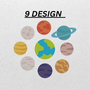 May include: Nine colorful planet designs are arranged in a circle on a white background. The planets include Earth, Saturn, and others with various textures and colors. The text "9 DESIGN" is above the planets.