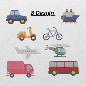 Lot de motifs de broderie de véhicule de transport | Voiture, camion, avion, bateau, vélo, hélicoptère - 8 modèles - Fichiers numériques de la machine **
