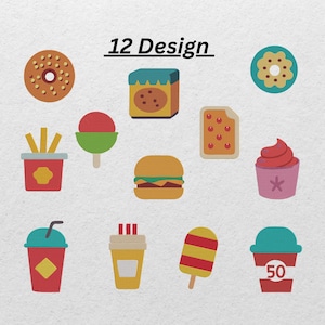 May include: A collection of 12 colorful, flat-design food icons. The image includes a donut, cookie jar, burger, fries, ice cream, cupcake, soda, and popsicle. Text at the top reads "12 Design".