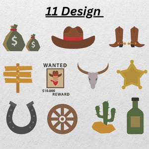 Puede incluir: Se muestran once diseños con temática de vaquero. Los diseños incluyen sacos de dinero, un sombrero de vaquero, botas, un letrero de madera, un cartel de se busca, una calavera de toro, una estrella de sheriff, una herradura, una rueda de carro, un cactus y una botella.
