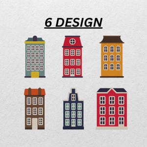 Puede incluir: Se muestran seis diseños de casas coloridas y estilizadas sobre un fondo claro. Las casas son de varios colores, incluyendo azul, rojo y amarillo, con múltiples ventanas y diseños de techo únicos. El texto "6 DESIGN" está encima de las casas.