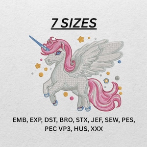 Puede incluir: Diseño bordado de un unicornio blanco con melena y cola rosas, cuerno azul y alas blancas. El texto "7 SIZES" está encima del unicornio. Debajo, los formatos de archivo: EMB, EXP, DST, BRO, STX, JEF, SEW, PES, PEC VP3, HUS, XXX.