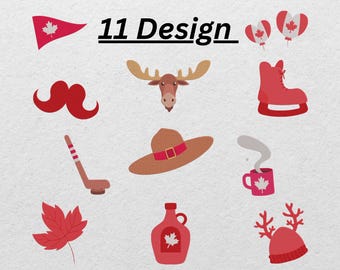 Puede incluir: Se muestran once diseños con temática canadiense. Los diseños incluyen una bandera roja con una hoja de arce, un bigote rojo, una cabeza de alce, dos globos en forma de corazón con hojas de arce, un patín de hielo rojo, un palo de hockey, un sombrero marrón con una banda roja, una taza roja con vapor, una hoja de arce roja, una botella de jarabe de arce roja y un gorro rojo con cuernos. También está presente el texto "11 Design".
