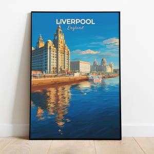 Impresión de Liverpool, póster de viaje de Liverpool, costa histórica y horizonte de la ciudad, Inglaterra, Reino Unido, regalo de viaje