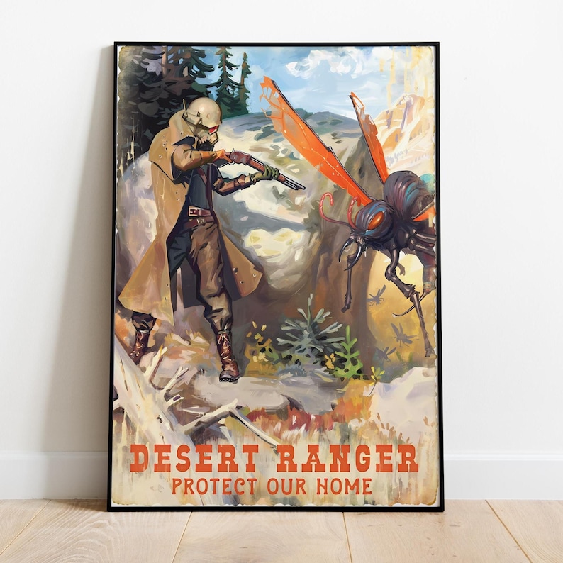 May include: A vintage-style poster featuring a person in a gas mask and a brown coat holding a rifle, aiming at a large, black and orange insect with red eyes. The poster reads "Desert Ranger Protect Our Home".