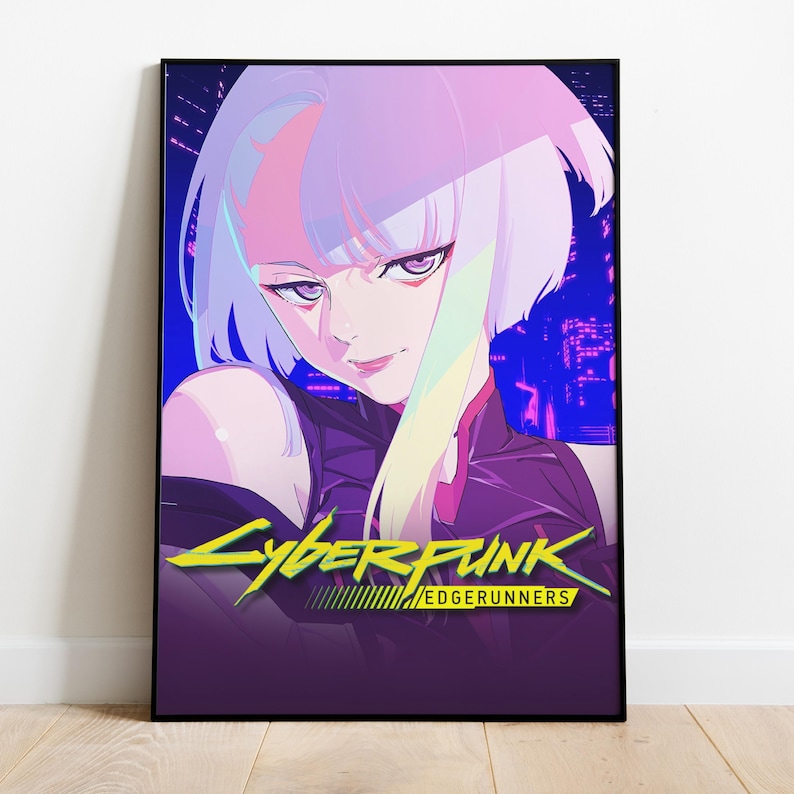 May include: Framed poster featuring a stylized anime portrait of a woman with lavender hair and purple eyes. The poster has a dark purple background with the words "Cyberpunk Edgerunners" in yellow and green.