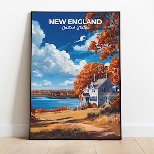 New England Print, Travel Poster of New England, Scenic Autumn Foliage and Historic Villages, USA, Travel Gift