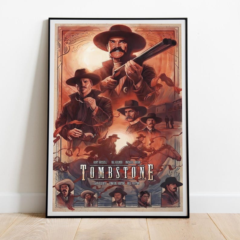 May include: A vintage-style movie poster for the film "Tombstone" featuring Kurt Russell, Val Kilmer, and Michael Biehn. The poster has a red, orange, and yellow color scheme with a sunset background. The actors are depicted in their roles from the film, wearing cowboy hats and holding guns.