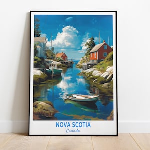 Poster della Nuova Scozia, stampa turistica della Nuova Scozia, costa atlantica e villaggi di pescatori, Canada, regalo da viaggio