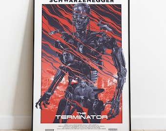 May include: A framed movie poster for "The Terminator" featuring a metallic cyborg figure against a red and black background. The poster includes the title and the name "Schwarzenegger" at the top.