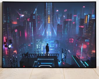 Poster di Cyberpunk City, stampa e decorazione murale senza cornice, arte della città notturna, poster del gioco Cyberpunk