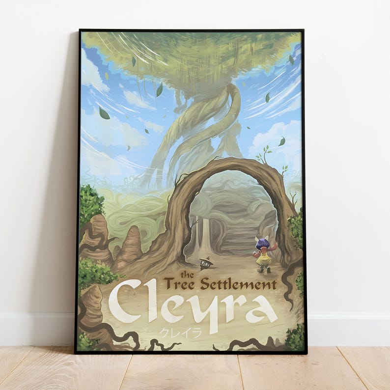May include: A poster with a whimsical illustration of a large tree with a winding trunk and a large archway leading into the tree. The text "the Tree Settlement Cleyra クレイラ" is written in brown on the bottom of the poster.