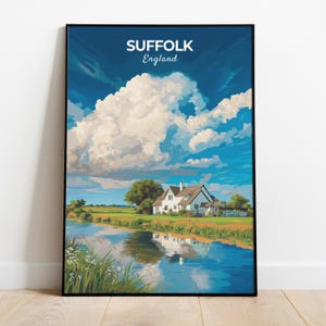 Suffolk Print, Travel Poster of Suffolk, Scenic Countryside and Historic Villages, England, UK, Travel Gift