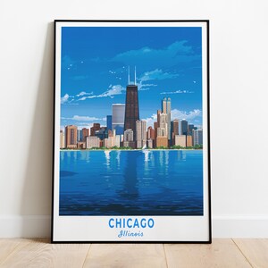 Poster dello skyline di Chicago, stampa turistica dello skyline di Chicago, vista del lago Michigan e architettura urbana, Illinois, USA, regalo da viaggio
