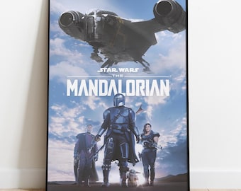 May include: A poster for the Star Wars series The Mandalorian. The poster features a spaceship in the background, and in the foreground, the Mandalorian, a character from the series, stands with two other characters. The text "Star Wars The Mandalorian" is displayed at the top of the poster.