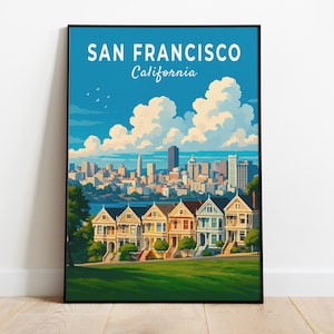 Painted Ladies Print, Travel Poster of Painted Ladies, San Francisco Victorian Houses, California, USA, Travel Gift