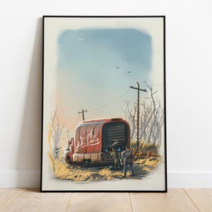 May include: A red and white truck with the words "Nuka Cola" on the side is parked in a desolate wasteland. A person in a blue jumpsuit and a helmet stands near the truck. The scene is set against a backdrop of a blue sky and a few trees.
