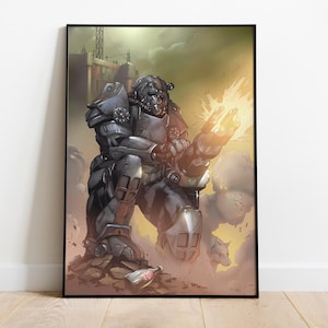 May include: A futuristic robot wearing a gray and black power armor suit, holding a weapon that is firing a bright orange beam. The robot is standing on a rocky surface with a building in the background.
