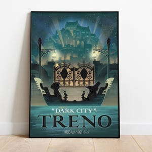 May include: A retro-style travel poster with a dark blue background featuring a silhouette of a city with a large gate and the text "DARK CITY TRENO" in white. The text "眠らない街トレノ" is in Japanese below the city name.
