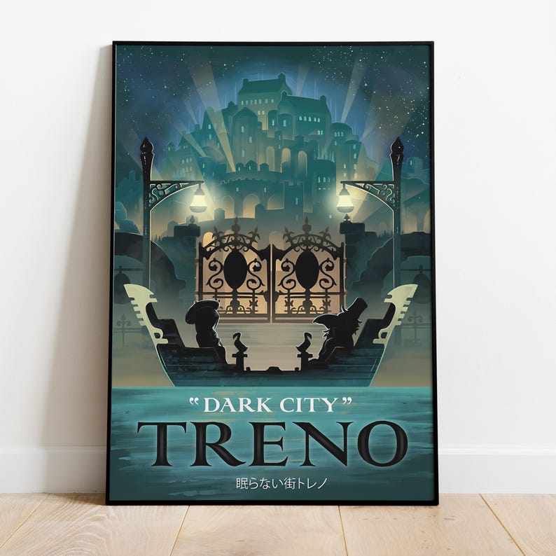 May include: A retro-style travel poster with a dark blue background featuring a silhouette of a city with a large gate and the text "DARK CITY TRENO" in white. The text "眠らない街トレノ" is in Japanese below the city name.
