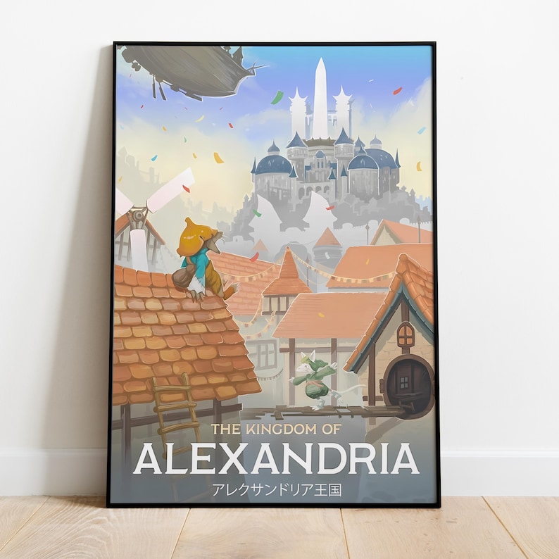 May include: A whimsical illustration of a town with a large castle in the background. The town is filled with colorful buildings and a small, brown creature with a hat is standing on a rooftop. The text "THE KINGDOM OF ALEXANDRIA" is written in a bold font at the bottom of the image. The text "アレクサンドリア王国" is written in Japanese below the English text.