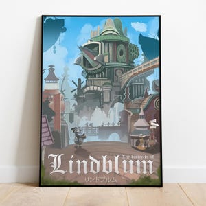 May include: A colorful illustration of a fantasy city called Lindblum, with a large, intricate building in the center. The text "The districts of Lindblum" and "リンドブルム" are written below the image.