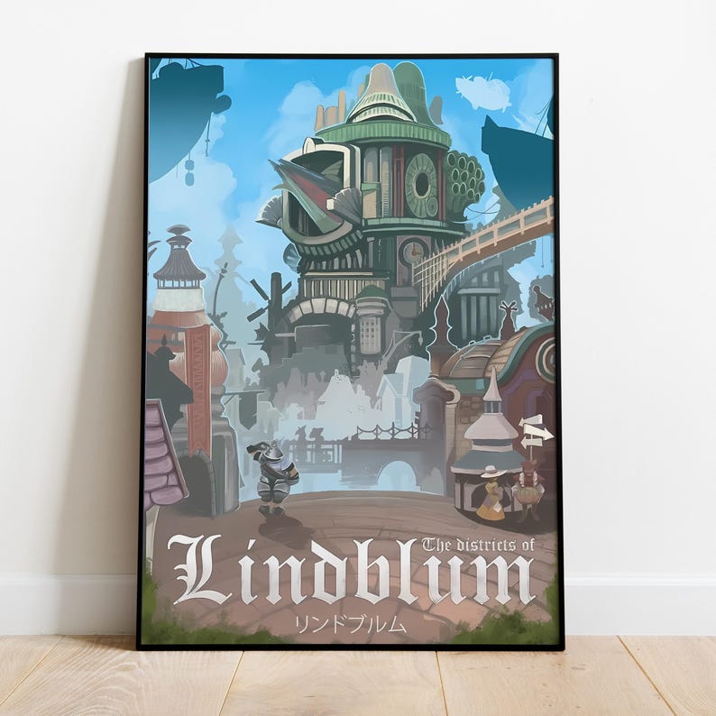 May include: A colorful illustration of a fantasy city called Lindblum, with a large, intricate building in the center. The text "The districts of Lindblum" and "リンドブルム" are written below the image.