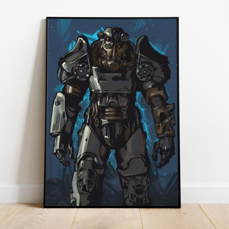 May include: A digital illustration of a futuristic robot wearing a silver and black suit of armor. The robot is standing in front of a blue and black background with a blue glow around it.