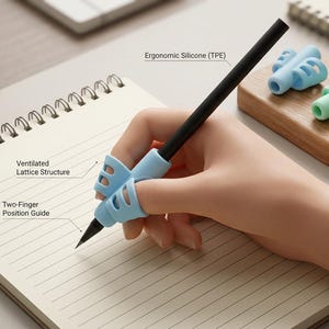 May include: A hand holding a black pencil with a light blue ergonomic grip, writing on a lined notepad. The grip has a ventilated lattice structure and a two-finger position guide. Additional grips in blue and green are on a wooden block.