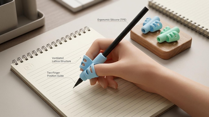 May include: A hand holding a black pencil with a light blue ergonomic grip, writing on a lined notepad. The grip has a ventilated lattice structure and a two-finger position guide. Additional grips in blue and green are on a wooden block.