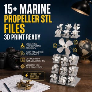 Op de afbeelding: Een collectie van 15+ witte scheepsschroefmodellen op een standaard, inclusief digitale bestanden voor 3D-printen. De tekst luidt 15+ MARINE PROPELLER STL FILES 3D PRINT READY, met kenmerken zoals hydrodynamische efficiëntie en parametrische ontwerptools.